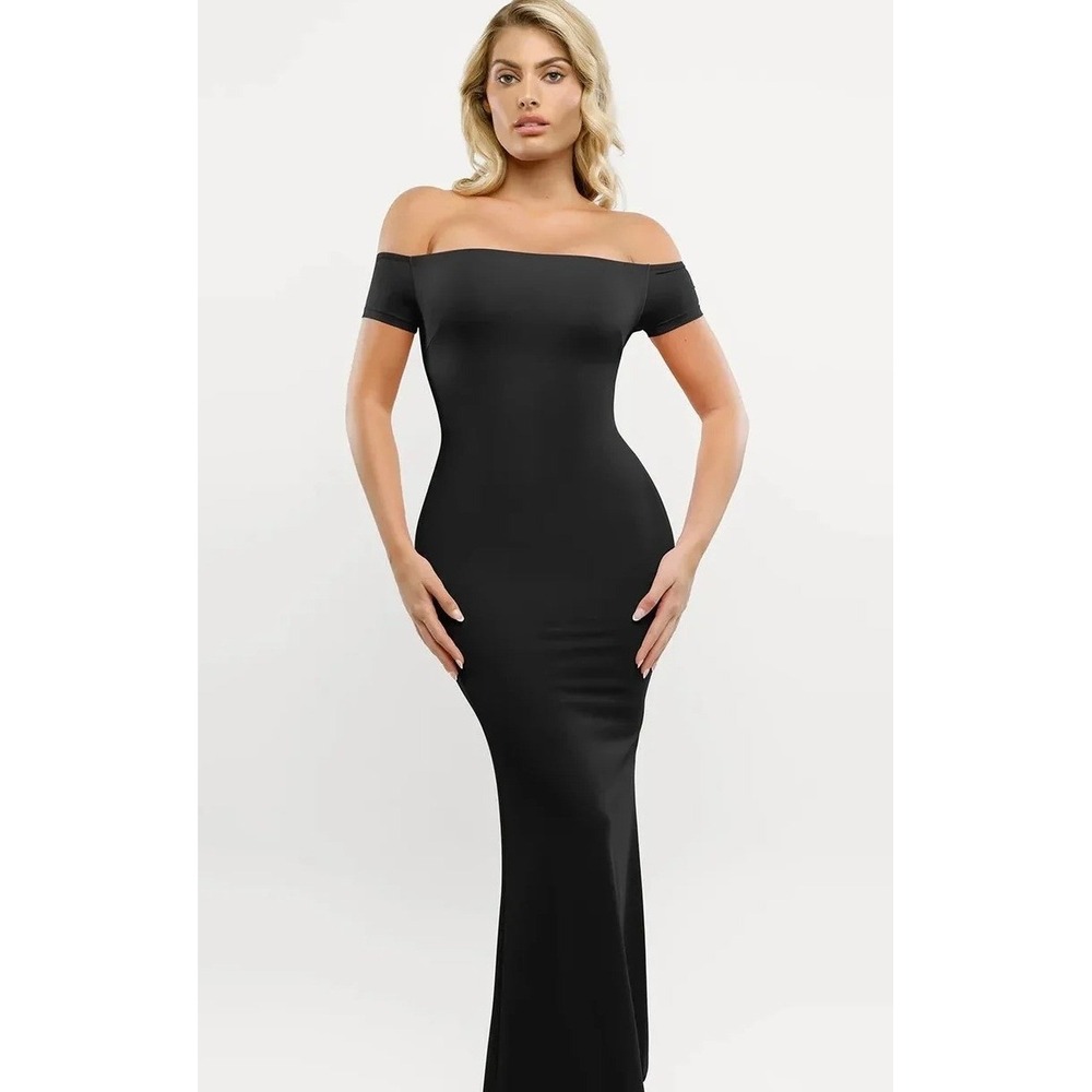 Popilush Black Off Shoulder Built-In Shapewear Maxi Dress Mermaid Gown 1x 2x 3xl